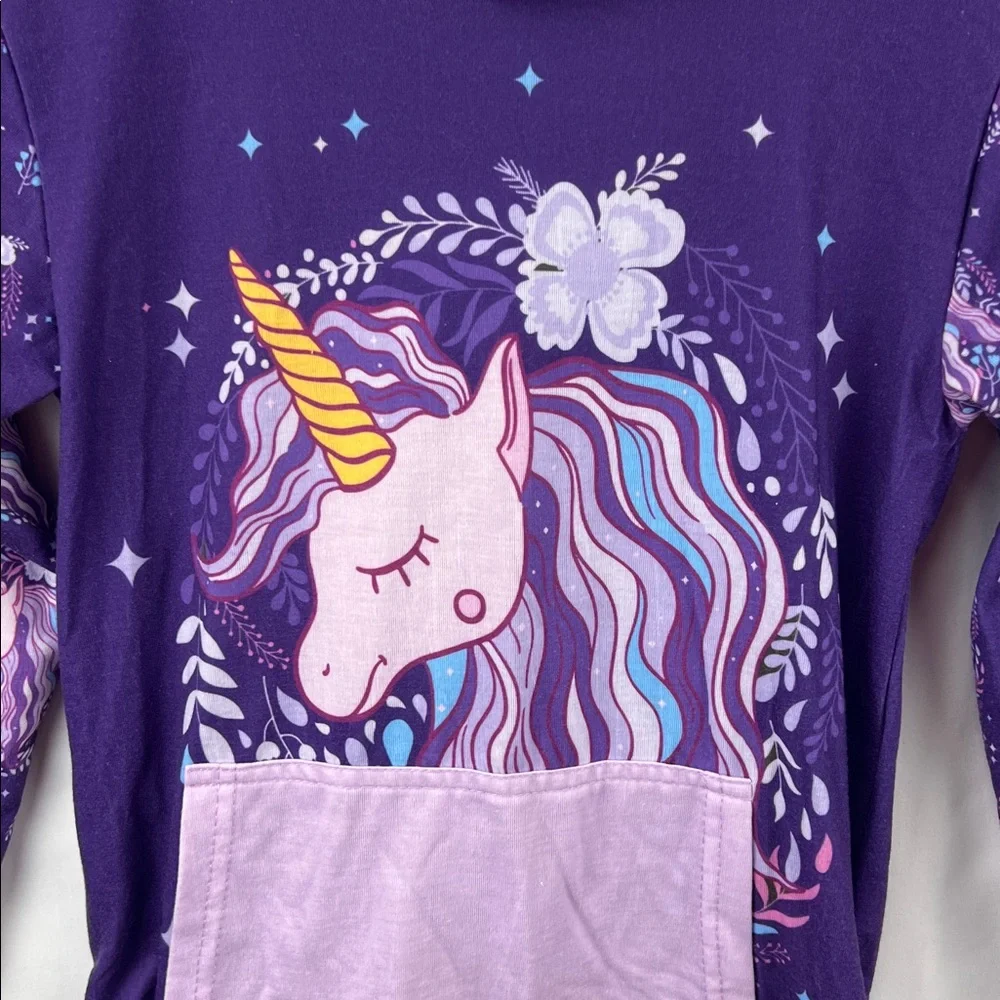 Sunshine Swing - Girl’s Hooded Top - Size 6 Purple Unicorn - Kangaroo Pocket - Picture 3 of 10